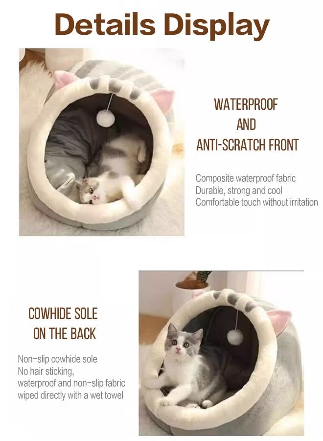Cat Beds for Indoor Cats, Semi-Enclosed Cat Cave Bed Large Space for Cats to Sleep Soft and Comfortable Covered Cat Bed with a Washable and Detachable Mat (L, Grey) - Image 3